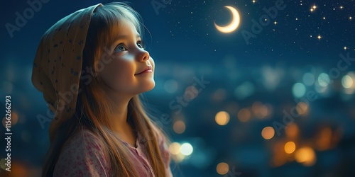 Kids and Crescent Moon during Ramadan\'s Spiritual Nighttime Reflection photo