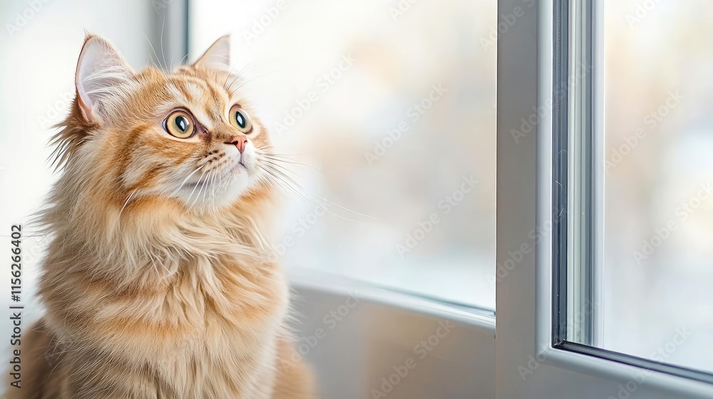 Persian cat concept. A curious orange cat gazing out the window, exploring its indoor surroundings. Persian cat concept. A curious orange cat gazing out the window, exploring its indoor surroundings.
