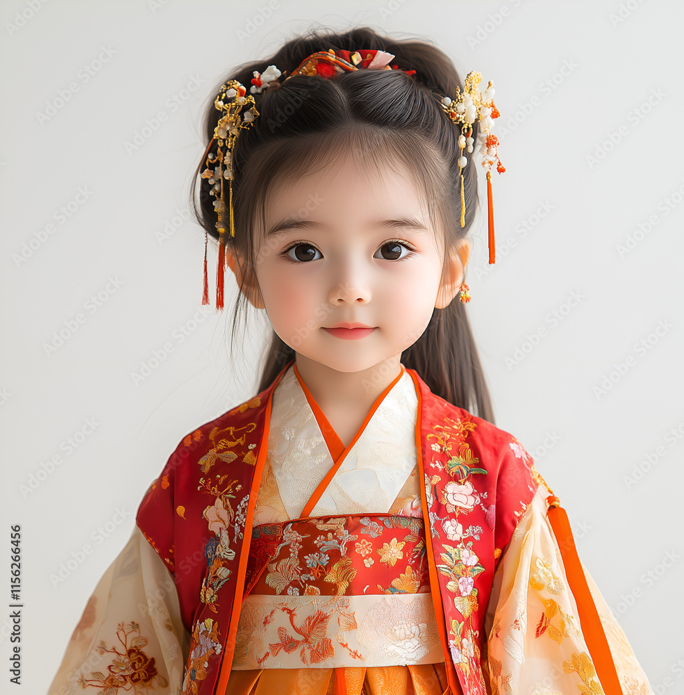 little girl wearing a Chinese dress, with red and orange on white little girl wearing a Chinese dress, with red and orange on white