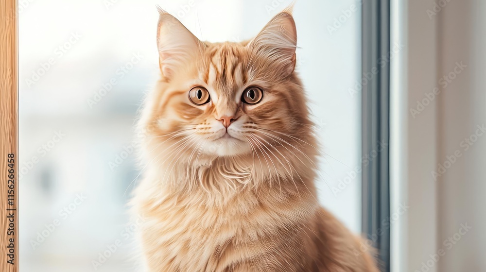 Persian cat concept. A close-up of a fluffy orange cat sitting by a window, showcasing its expressive eyes. Persian cat concept. A close-up of a fluffy orange cat sitting by a window, showcasing its expressive eyes.