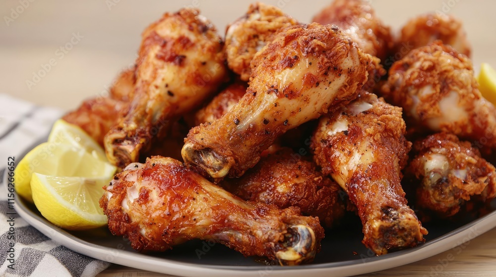 Fried chicken concept. A delicious platter of crispy fried chicken drumsticks garnished with lemon slices. Fried chicken concept. A delicious platter of crispy fried chicken drumsticks garnished with lemon slices.