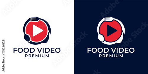 Food video logo design vector template. Food vlog logo template. Chef channel logo. Vector logo design of food, eatery, play, video, restaurant, review, vlog, tv, fork, spoon, illustration.