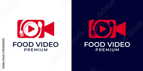 Food video logo design vector template. Food vlog logo template. Chef channel logo. Vector logo design of food, eatery, play, video, restaurant, review, vlog, tv, fork, spoon, illustration.