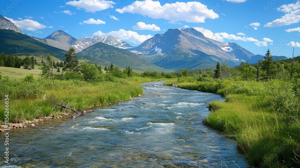 A river runs calmly through a valley in Glacier National Park of Montana.