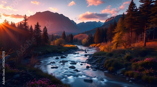 Spring Forest Mountain River in Sunrise