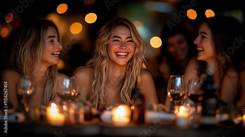 Three young women laugh together at a candlelit dinner