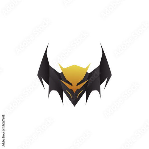 bat head logo with black wings and a golden face, resembling a mask or emblem. Perfect for branding, gaming, and creative designs. photo