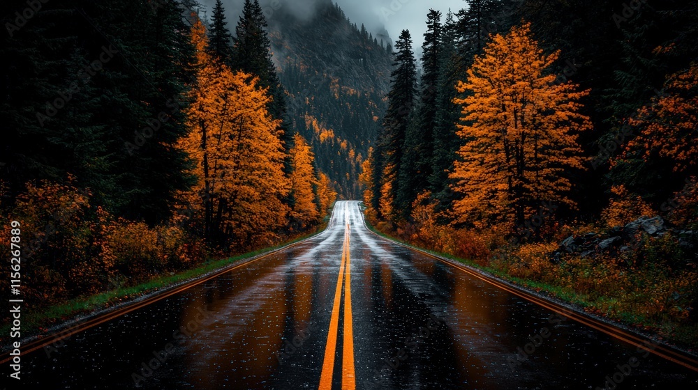Fototapeta premium A Tranquil Scene of a Wet Road after Rainfall with Glimmering Reflections on the Surface Evoking a Sense of Calm and Serene Atmosphere in Nature