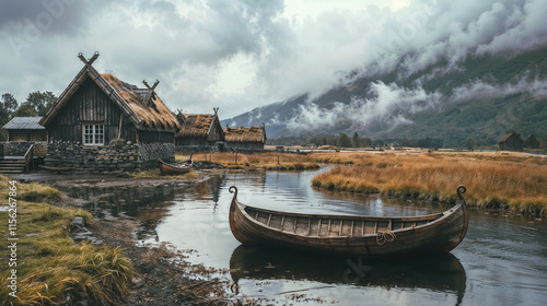 Traditional Viking village with turf-roofed wooden houses and stone foundations alongside peaceful fjord, authentic drakar boat moored near rustic Nordic settlement photo