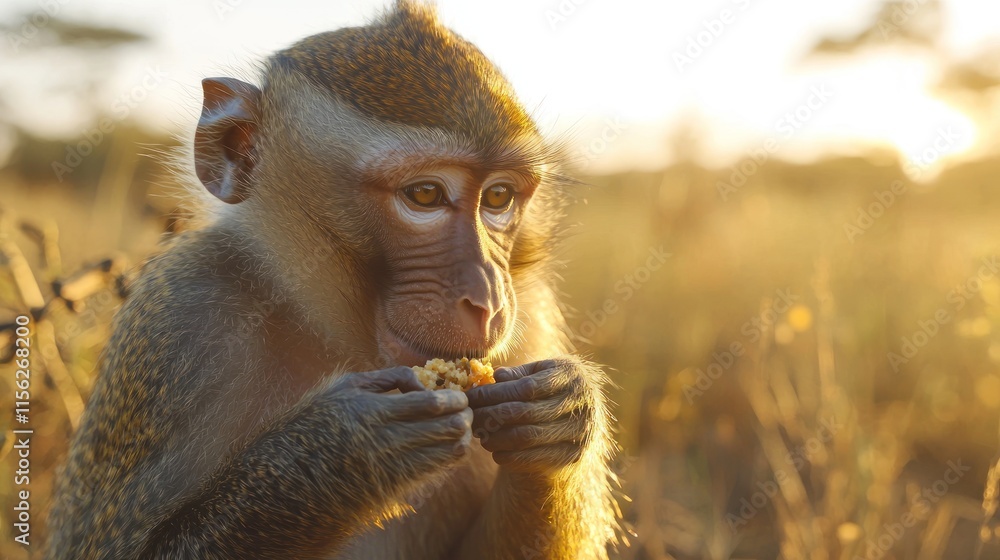 Fototapeta premium Young monkey eating in golden sunset light.