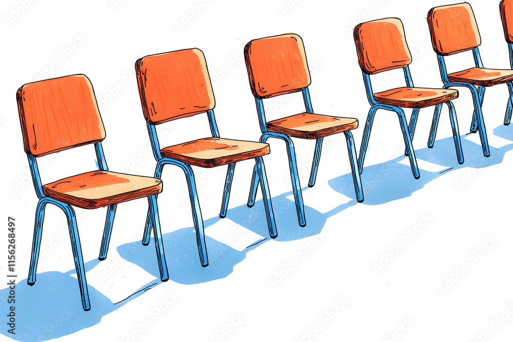 Fototapeta premium Colorful Empty Chairs in a Row with Shadows on a Bright Background for Interior Design and Waiting Area Concepts