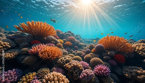 Vibrant Coral Reef Ecosystem Underwater Sunlight Fish photo