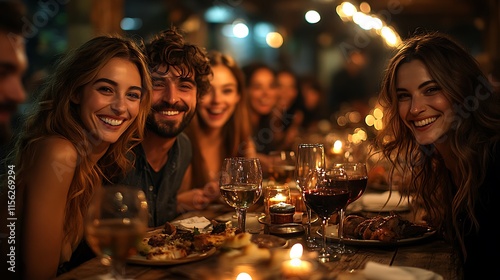 Happy Friends Enjoying Dinner Together At A Festive Gathering