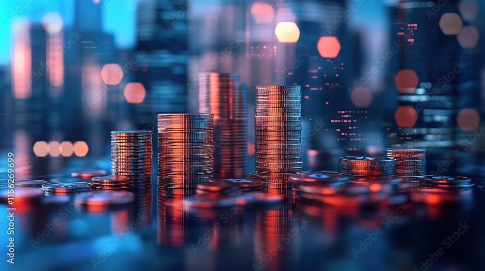 Abstract Business Background Featuring Coin Stacks and City Buildings Abstract Business Background Featuring Coin Stacks and City Buildings