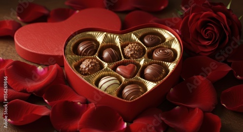 Heart Shaped Box Of Chocolates With Rose Petals And Rose