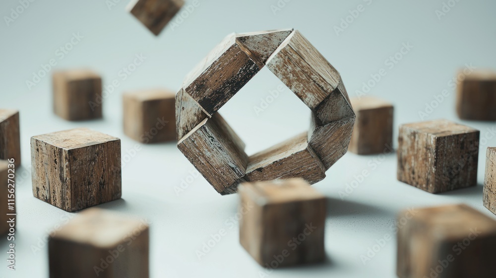 Wooden cubes forming a ring and scattered on a surface.