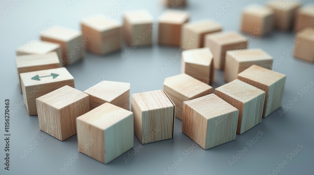 Fototapeta premium Wooden blocks forming a circle with arrows, symbolizing cycle, process, or connection.
