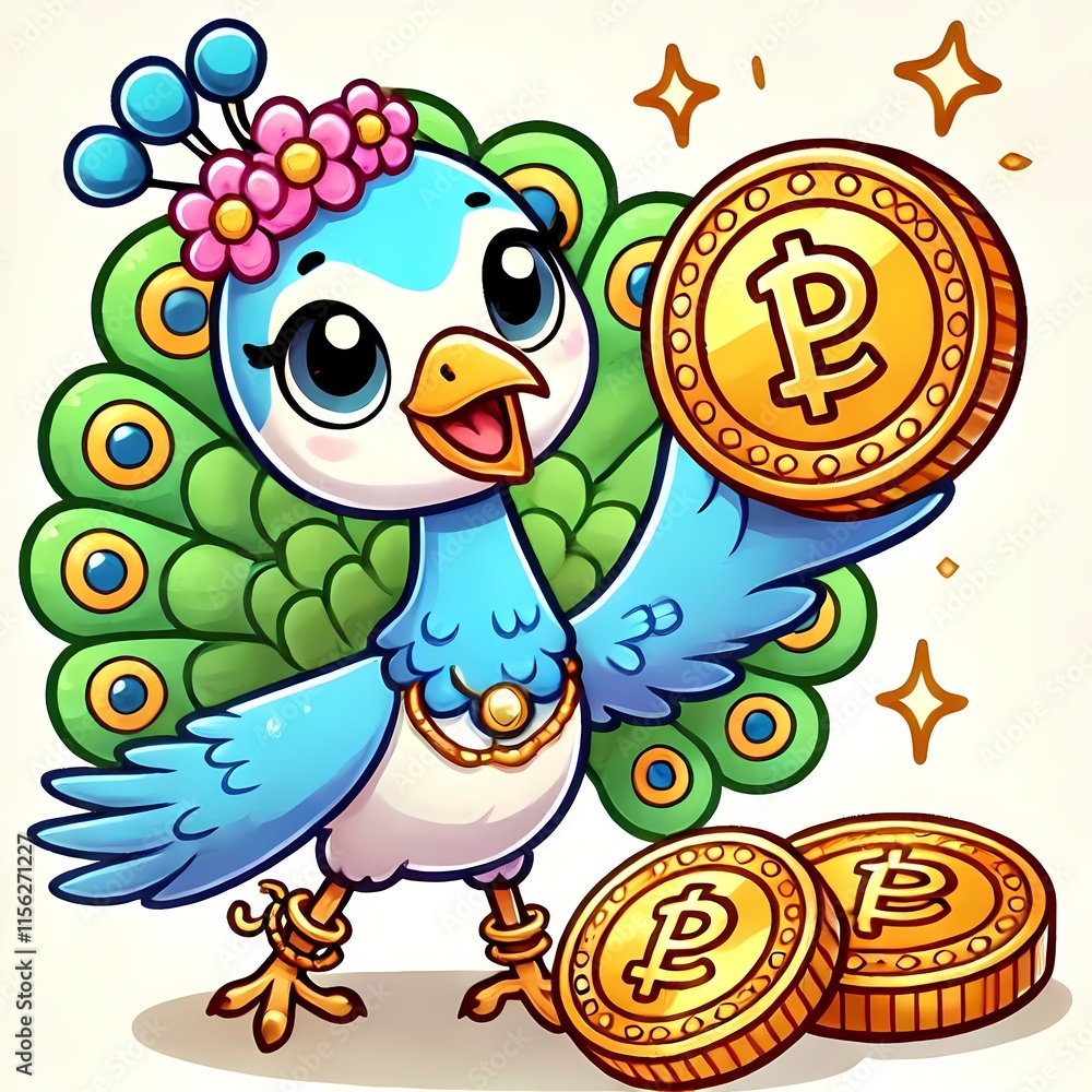 Naklejka premium Cute Peacock Holding Gold Coin Cartoon Vector Icon Illustration