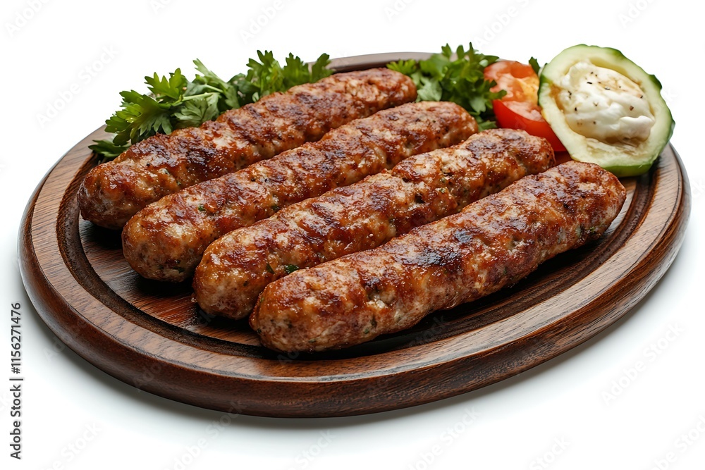 Grilled kebab on a round wooden board on a white background