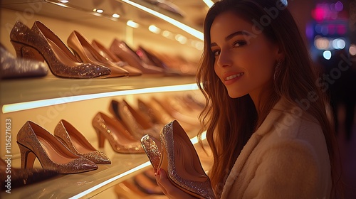 Woman admiring sparkly high heels in a shoe store