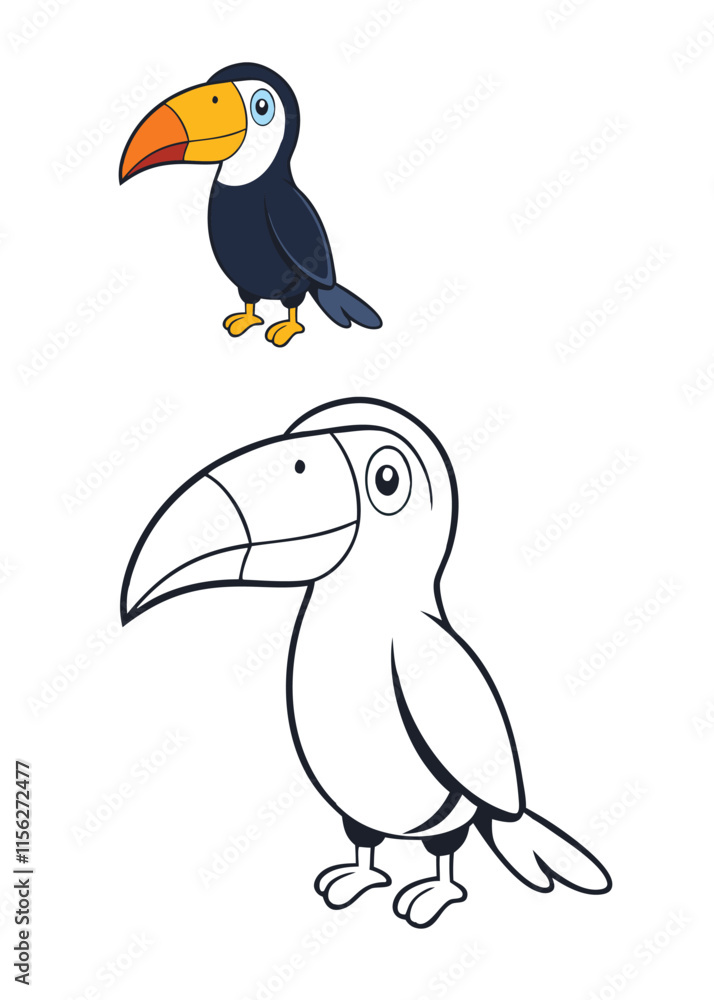 Naklejka premium A fun toucan bird coloring page featuring a tropical toucan perched on a branch, surrounded by lush leaves and flowers. Perfect for kids to explore vibrant colors!