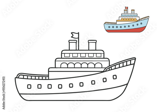 A detailed motor-ship coloring page featuring a large vessel with smokestacks, lifeboats, and waves beneath. Perfect for kids and adults to explore creativity with vibrant colors!