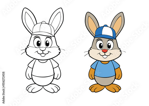 A charming coloring page featuring a cute rabbit wearing a stylish cap, surrounded by simple patterns and playful details, perfect for kids and adults to color creatively.