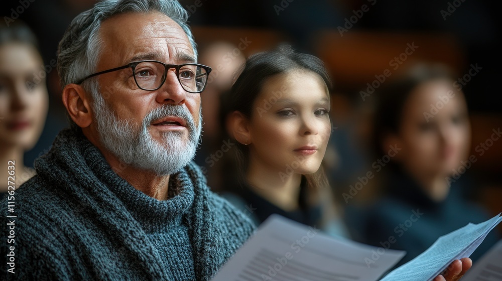 Thoughtful Older Man with Gray Beard Wearing Glasses Participating in a Group Activity Holding Papers in a Darkened Auditorium Thoughtful Older Man with Gray Beard Wearing Glasses Participating in a Group Activity Holding Papers in a Darkened Auditorium