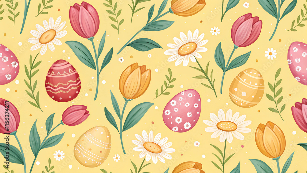 Spring Tulips and Easter Eggs, seamless Spring Tulips and Easter Eggs, seamless