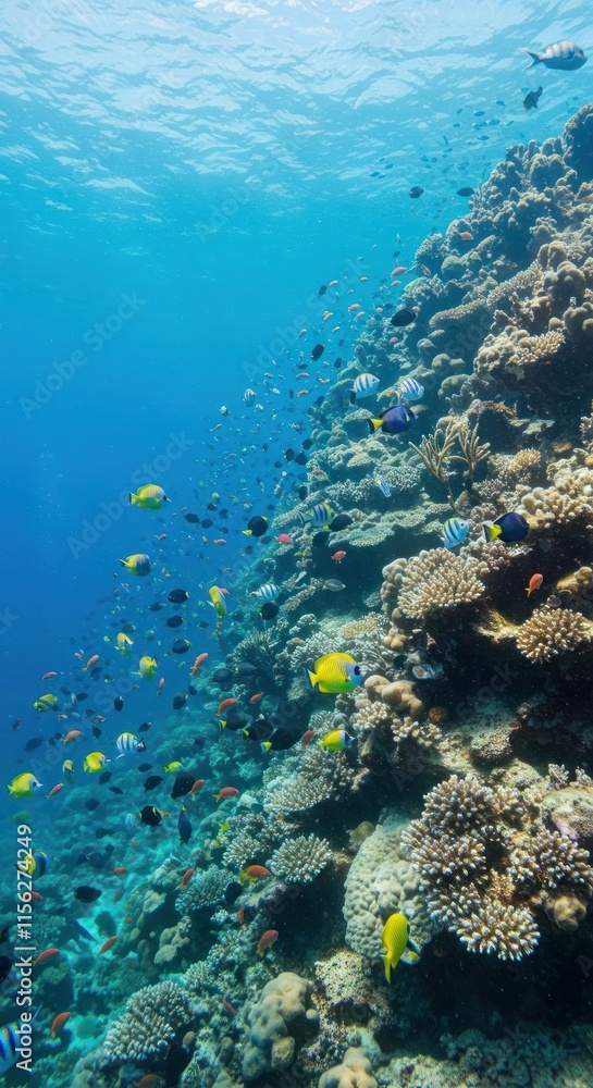 Fototapeta premium Vibrant Coral Reef Teeming With Tropical Fish Life