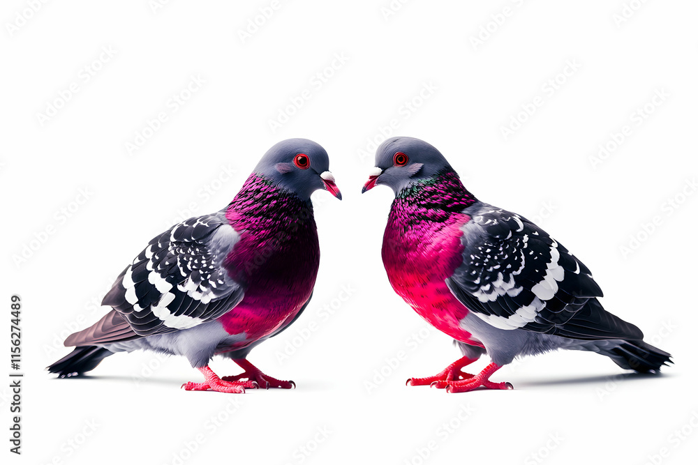 Fototapeta premium Colorful pigeons with striking plumage on a white background posing together in a vibrant, natural scene