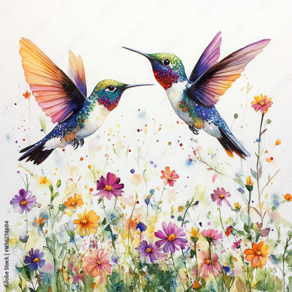 Obraz premium watercolor illustration with flowers and hummingbird