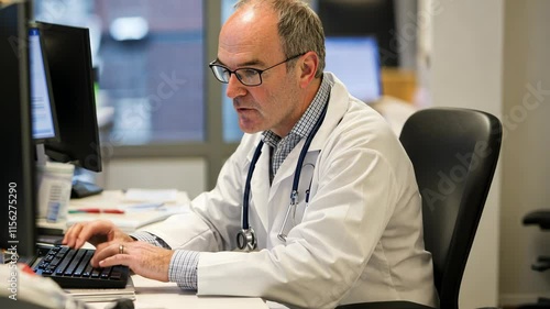 Doctor working diligently at a computer in a medical office during regular office hours