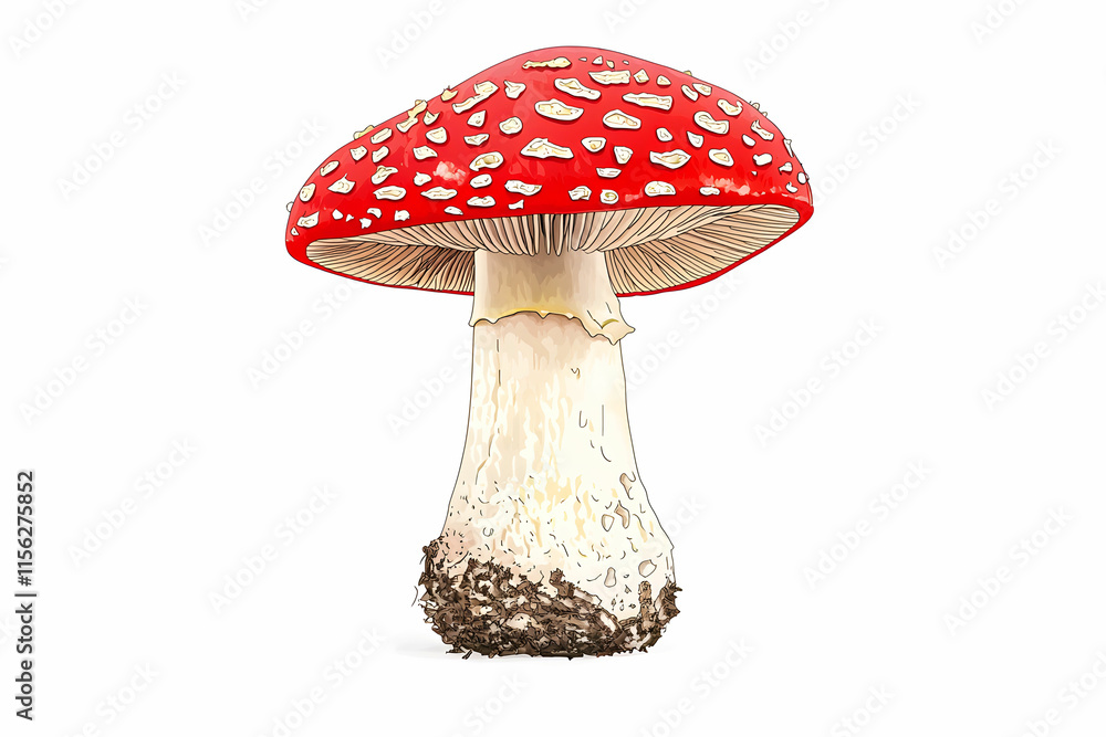 Vibrant Red Mushroom with White Spots on Cap Captivating Nature Illustration Isolated on White Background Vibrant Red Mushroom with White Spots on Cap Captivating Nature Illustration Isolated on White Background