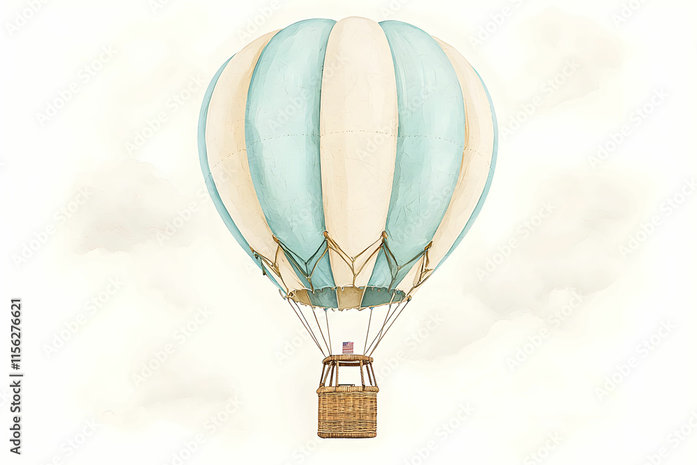 Fototapeta premium Colorful hot air balloon soaring through a pastel sky with fluffy clouds and a serene atmosphere