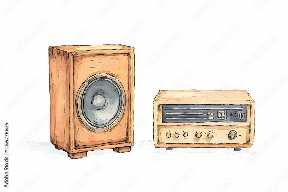 Fototapeta premium Vintage wooden speaker and classic radio in a minimalist design, perfect for music lovers and retro enthusiasts, isolated on white background
