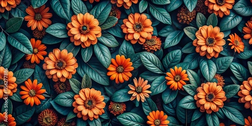 Wallpaper Mural Drone Floral Pattern Orange Flowers Dark Green Leaves Background Torontodigital.ca