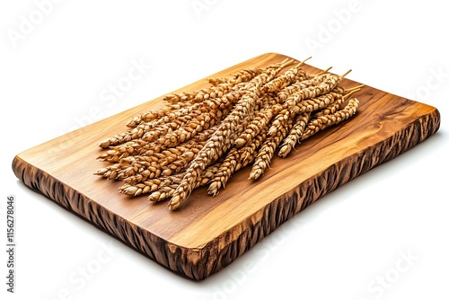 Spike lets of ripe golden ears of wheat on a wooden surface photo