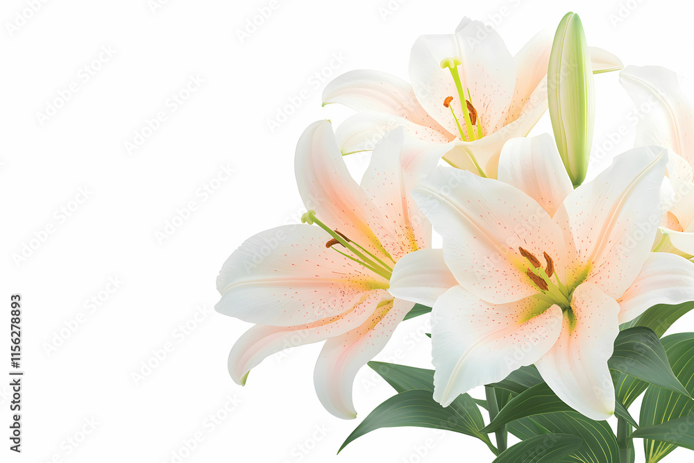 Naklejka premium Delicate White and Pink Lilies with Green Stems Displayed Elegantly on a Bright Background