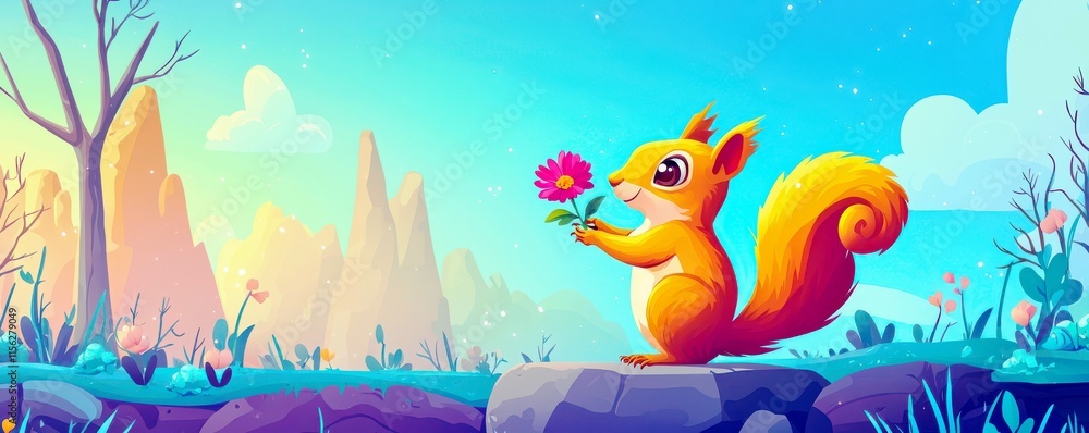 Obraz premium Cheerful cartoon squirrel holding a flower in vibrant landscape with mountains, trees, grass, and colorful flora under a bright sunny sky