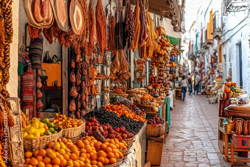 Vibrant market scene with colorful fruits and spices displayed Generative Ai