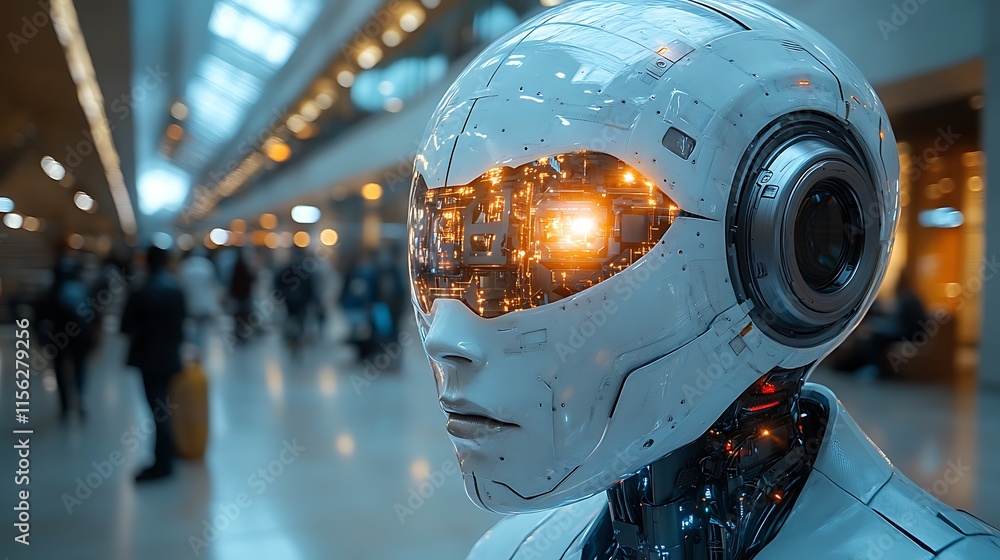 Futuristic Robot Head in Modern Airport Setting Futuristic Robot Head in Modern Airport Setting