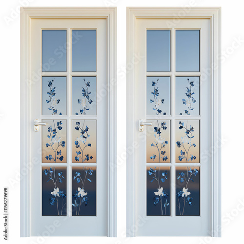 Elegant Double Door with Floral Glass Design and Soft Gradient Background for Interior Decor photo