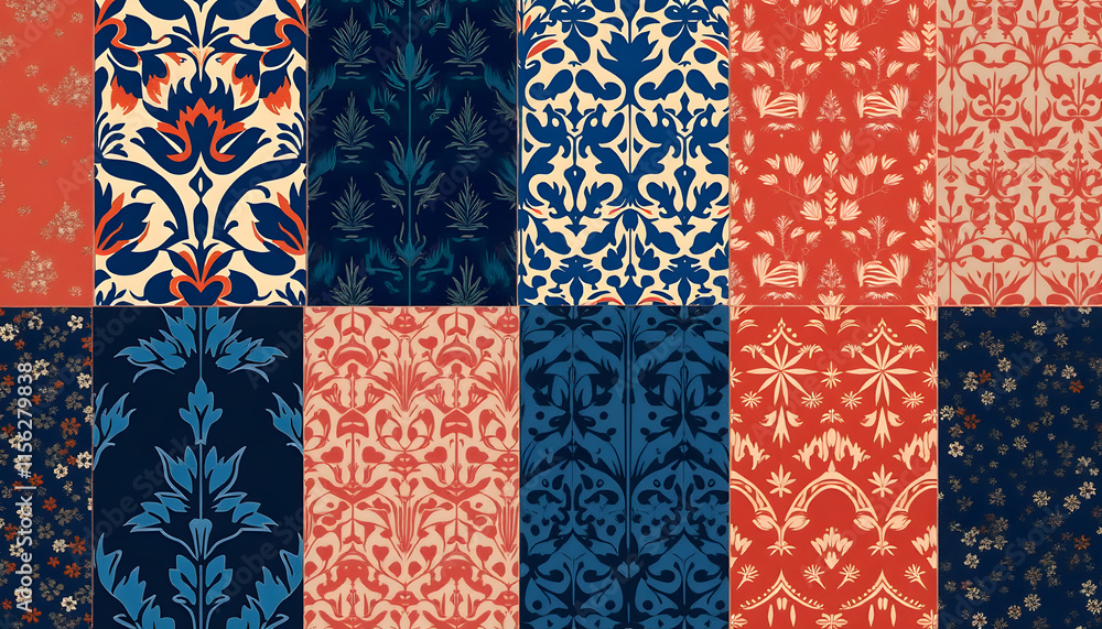 Abstract Moroccan Tiles in Rich Indigo and Coral Abstract Moroccan Tiles in Rich Indigo and Coral