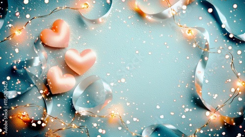 Wallpaper Mural Soft pink hearts with sparkling lights and ribbons on a shimmering blue background, perfect for romantic themes and celebrations of love and affection Torontodigital.ca