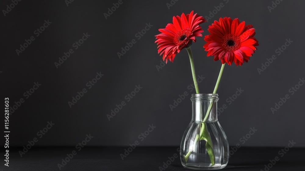 Two Red Gerbera Daisies in a Clear Glass Vase Two Red Gerbera Daisies in a Clear Glass Vase