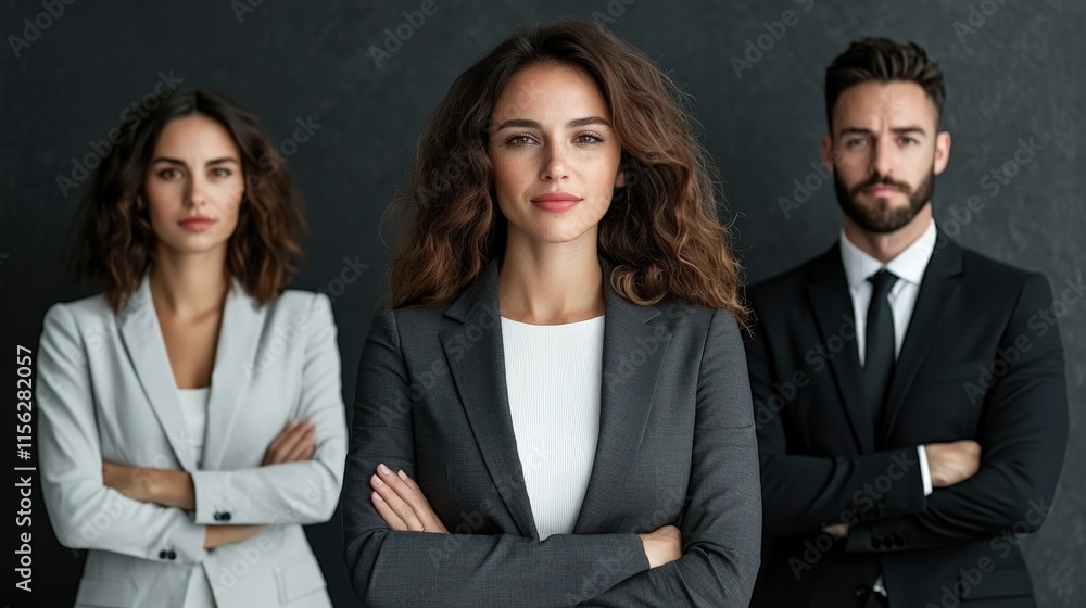 Professional Business Partners Engaged in Discussion with Confident Expressions Against a Solid Black Background Symbolizing Modern Corporate Environment Professional Business Partners Engaged in Discussion with Confident Expressions Against a Solid Black Background Symbolizing Modern Corporate Environment