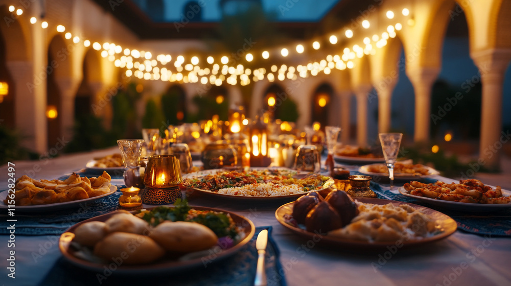 Obraz premium Festive outdoor dining arrangement with string lights and delicious dishes at night.