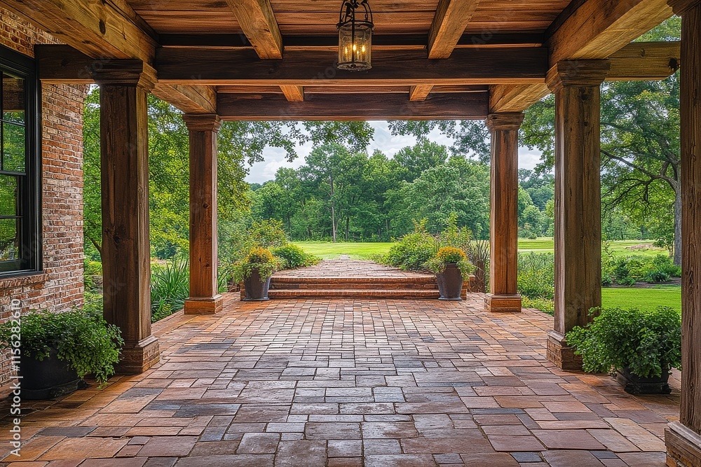 Beautiful Front Porch with Rustic Wood Beams and Brick Floor in a Modern Farmhouse-Style Home in Mississippi Beautiful Front Porch with Rustic Wood Beams and Brick Floor in a Modern Farmhouse-Style Home in Mississippi
