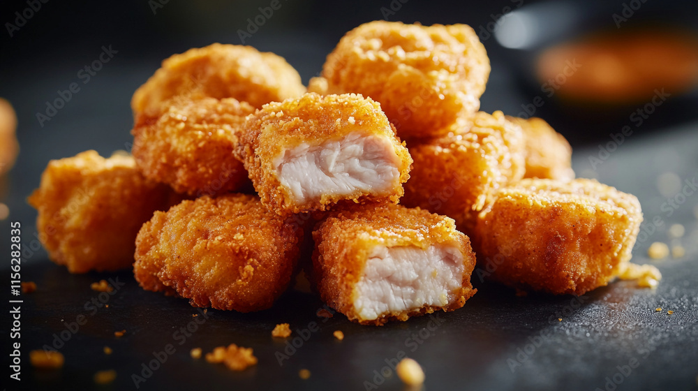 Crispy chicken nuggets piled on a dark surface with dipping sauce nearby. Crispy chicken nuggets piled on a dark surface with dipping sauce nearby.